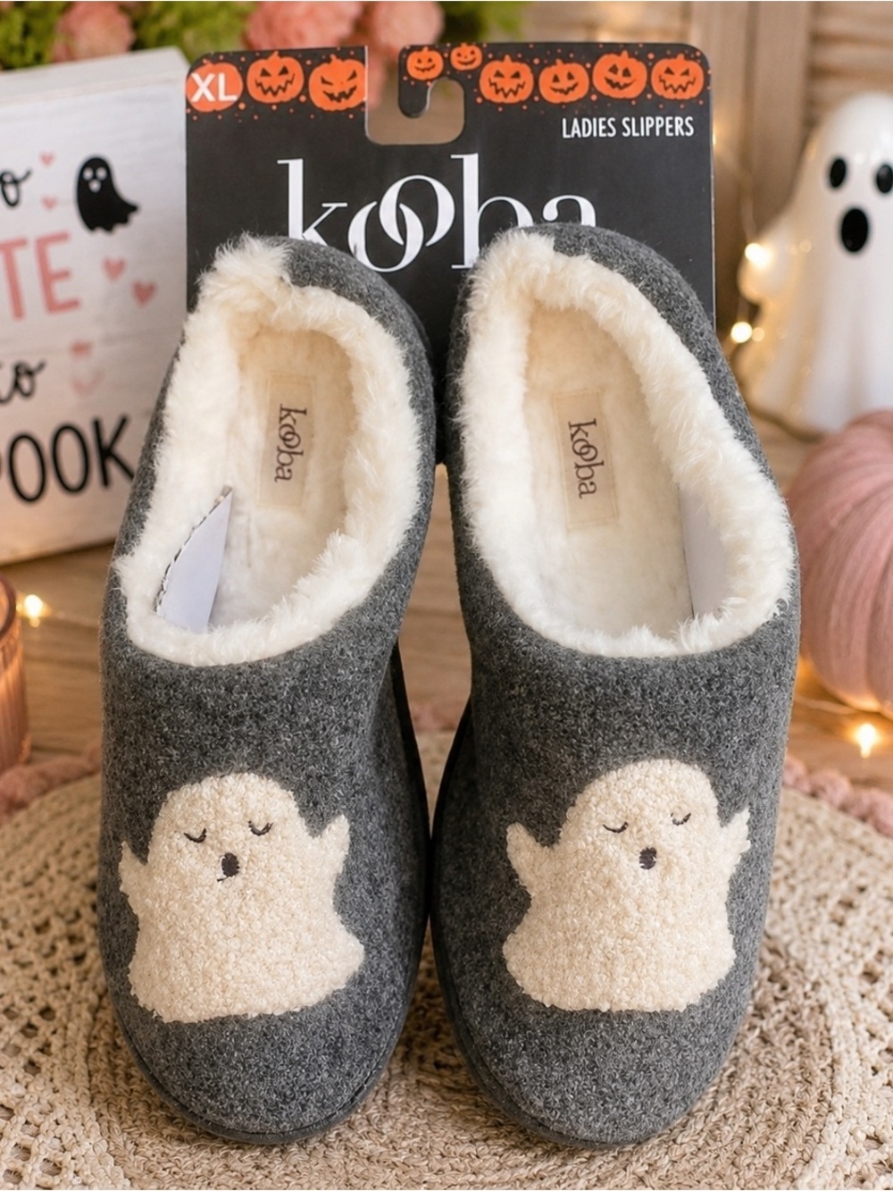 NWT Kooba Ghost Slippers XL 9.5–10.5 Memory Foam Faux Fur Halloween
